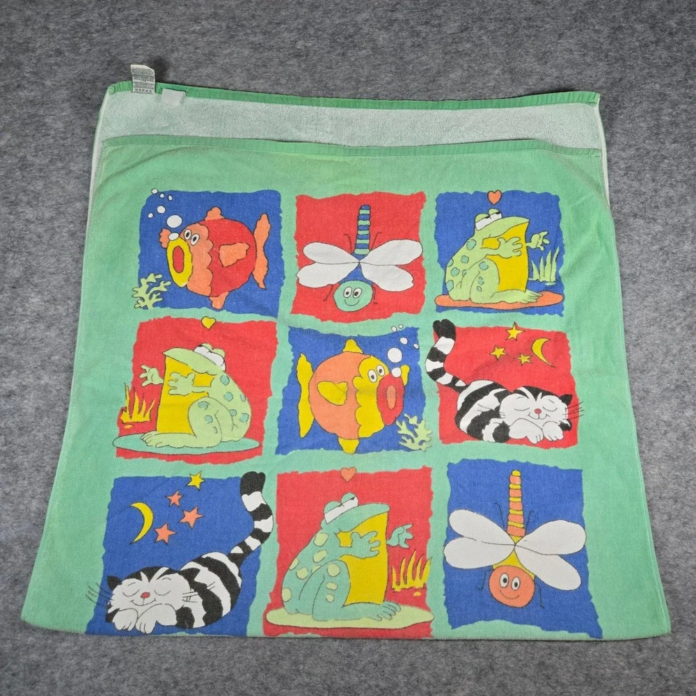 VTG 90s Davidson Cotton Company Unisex Green Animal Grid Whimsical Baby Towel OS